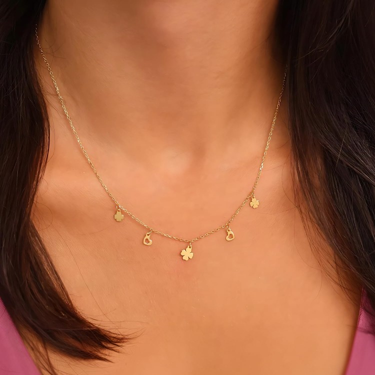 Pozłacany Naszyjnik Koniczynka i Serce