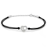 Bransoletka Srebrna 925 Serce Cyrkonie Infinity na Czarnym Sznurku