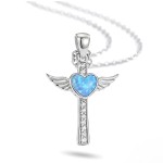 Naszyjnik Srebrny Anielski Krzyż z Niebieskim Opalowym Sercem 925