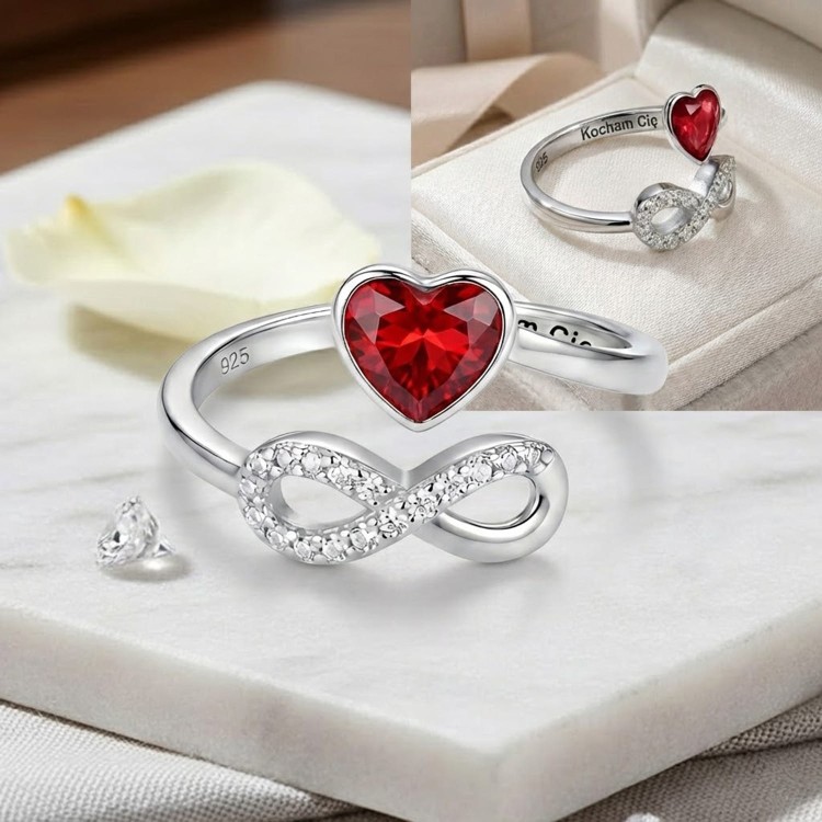 Srebrny Pierścionek Serce Nieskończoność "Kocham Cię"