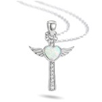 Srebrny Naszyjnik 925 Krzyżyk Skrzydła Anioła Serce Opal Cyrkonie Prezent