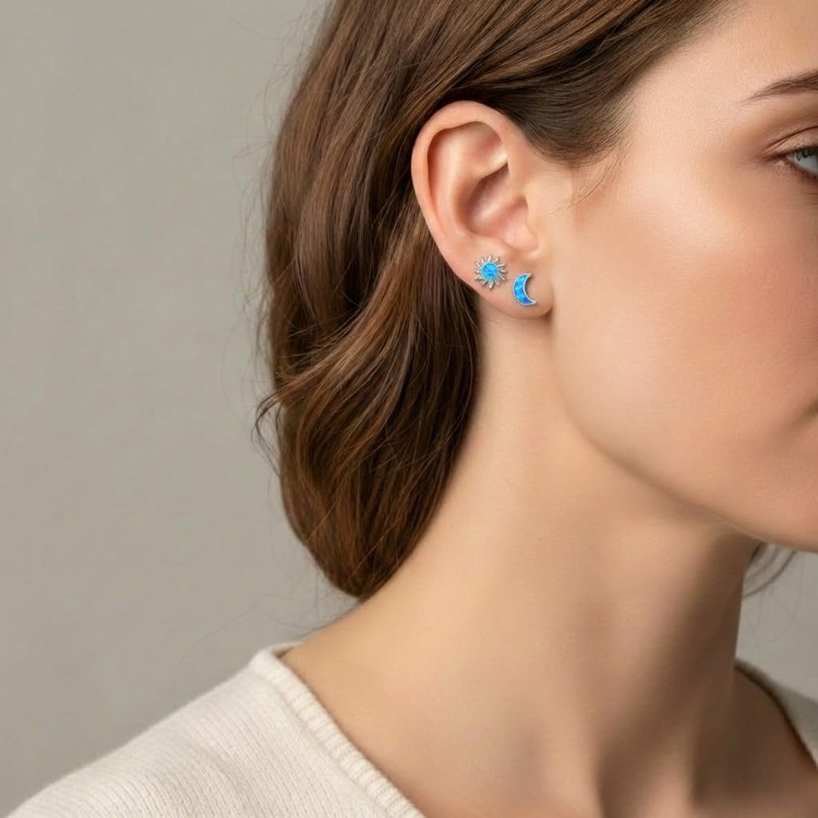 Kolczyki Opal  Srebrne Słońce Księżyc