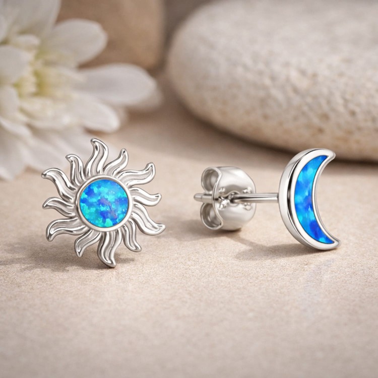 Kolczyki Opal  Srebrne Słońce Księżyc