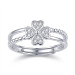Srebrny Regulowany Pierścionek Damski 925 Czterolistna Koniczynka z Cyrkoniami