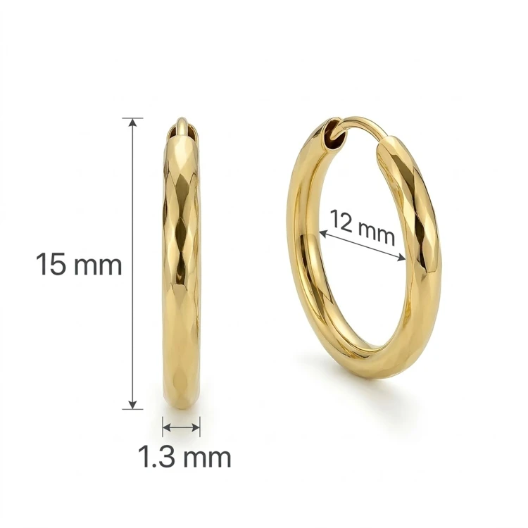 Diamentowane kolczyki koła ze złota 585 – grafika wymiarów 15 × 1,3 mm