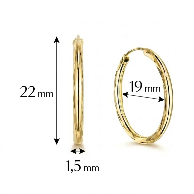 Złote kolczyki kółka 585 z zapięciem kreol – zdjęcie z wymiarami 22 × 1,5 mm