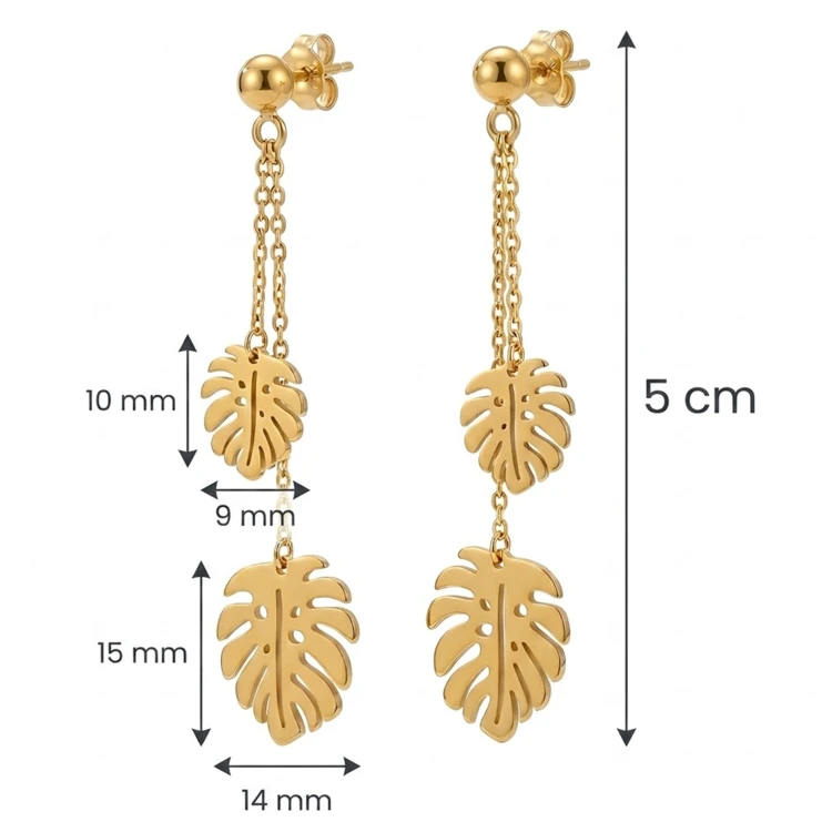 Pozłacane kolczyki liście monstery ze srebra 925 – wymiary 50 × 14 mm