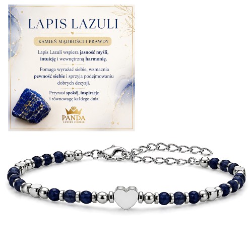 Bransoletka z granatowych koralików lapis lazuli, srebrzystym sercem i łańcuszkiem do regulacji długości – zdjęcie z kartą informacyjną o kamieniu.
