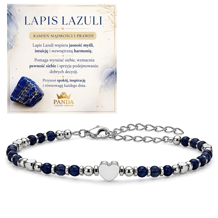 Bransoletka z granatowych koralików lapis lazuli, srebrzystym sercem i łańcuszkiem do regulacji długości – zdjęcie z kartą informacyjną o kamieniu.