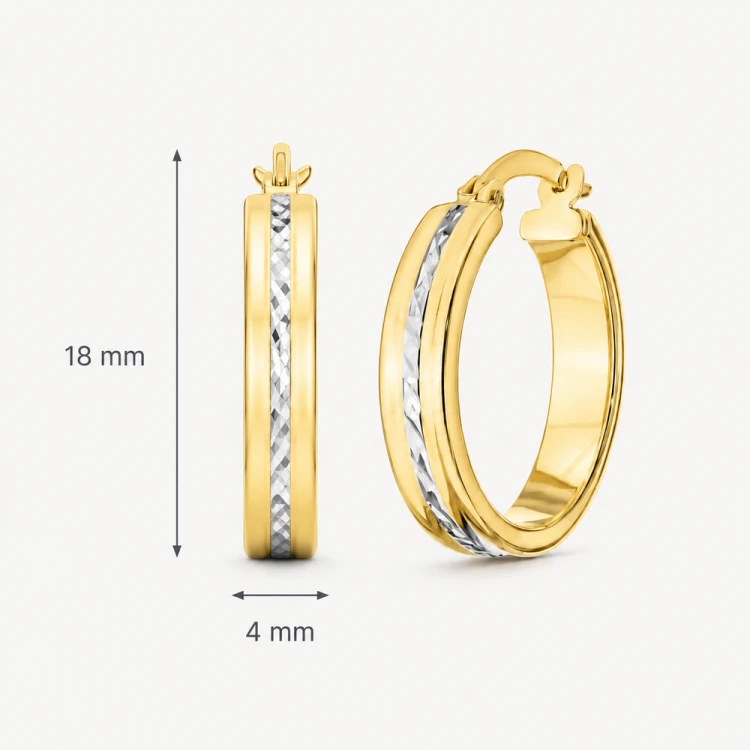 Dwukolorowe złote kolczyki koła — grafika z wymiarami 18 × 4 mm