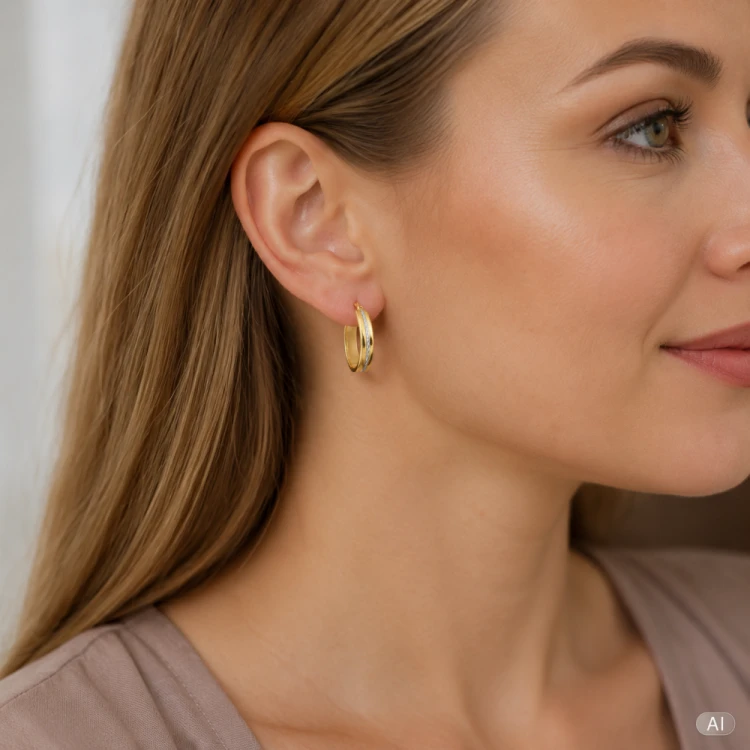 Kolczyki koła z białego i żółtego złota 585 prezentowane na modelce