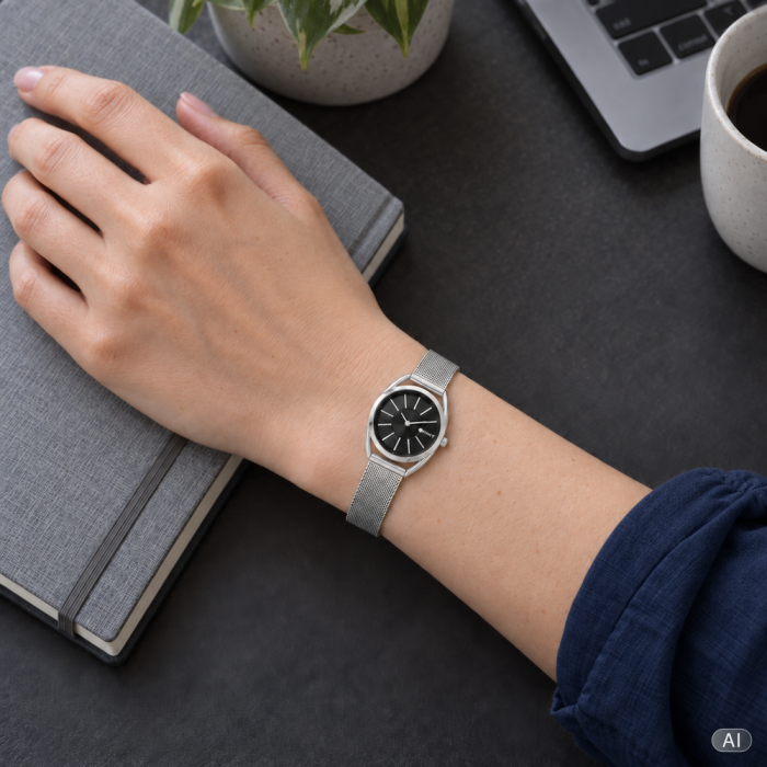 Srebrno-czarny zegarek damski MINET ICON SILVER BLACK MESH na nadgarstku