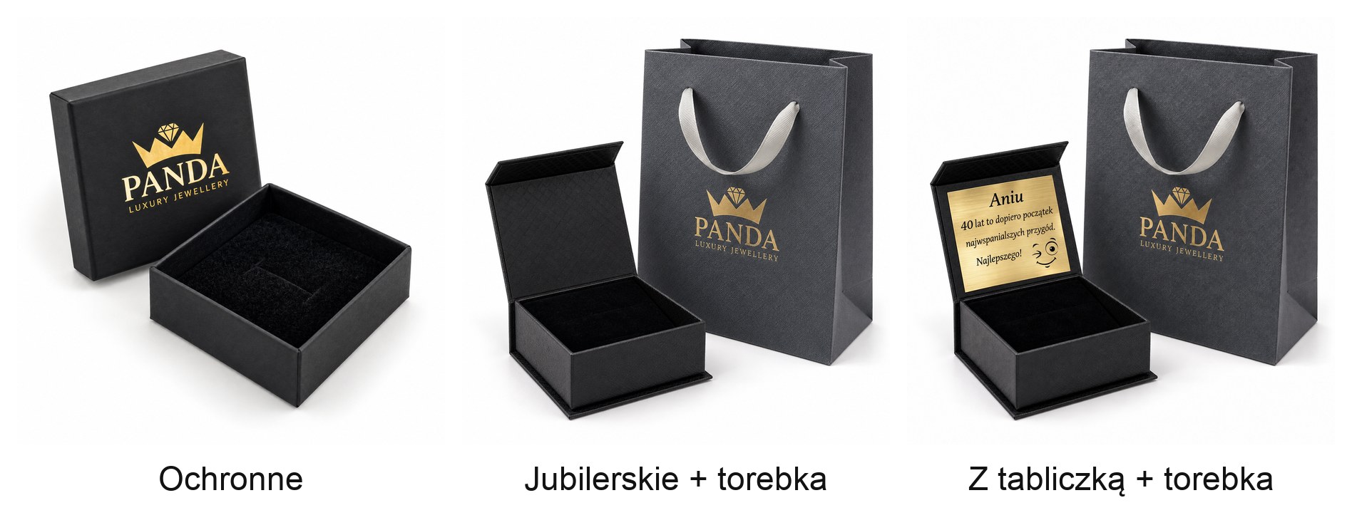 Pudełka Panda Luxury: ochronne, jubilerskie z torebką, z grawerowaną tabliczką i torebką